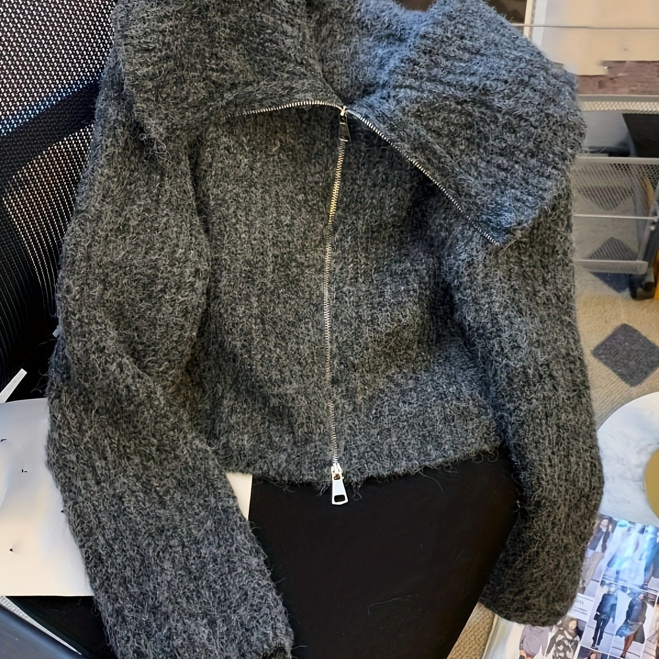 Creamy Lazy Style Double Zipper Doll Collar Sweater Coat for Women, Autumn Winter Soft Fuzzy Fleece Cardigan Top, Sweater Jacket, Cropped Sweater, Oversized Sweater, Cute Sweater