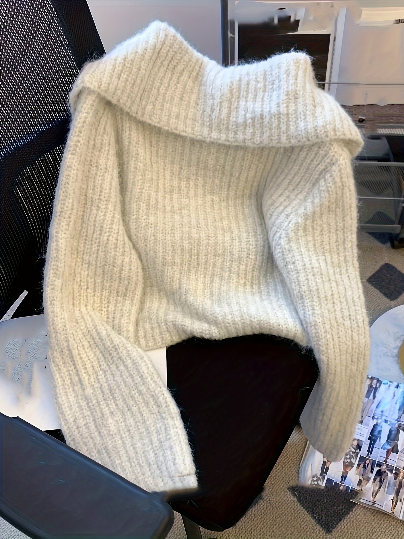 Creamy Lazy Style Double Zipper Doll Collar Sweater Coat for Women, Autumn Winter Soft Fuzzy Fleece Cardigan Top, Sweater Jacket, Cropped Sweater, Oversized Sweater, Cute Sweater