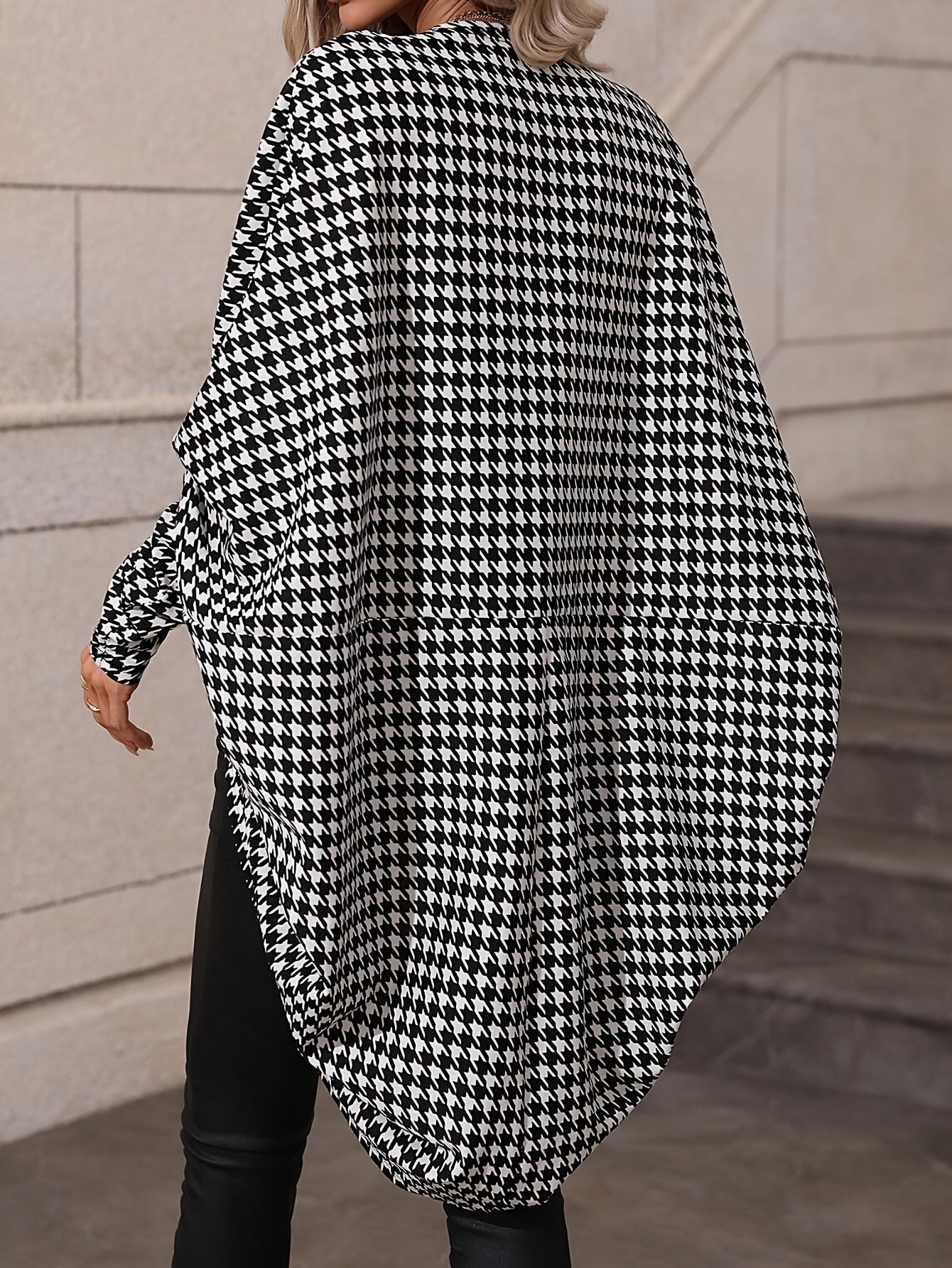 [Elegant Houndstooth Cardigan] Lightweight Elegant Women's Houndstooth Batwing Sleeve Cardigan | Open Front Sweater with Black & White Pattern, Medium Stretch, Machine Washable for Spring Summer Fall Layering, Cute Sweater, C