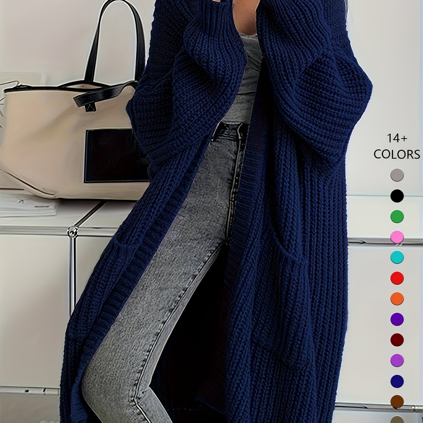 Women'S Chic Knee-Length Cardigan Sweater - Soft Open Front Sweater Coat, All-Season Layering Piece for Everyday & Formal Outfits - Available in Beige, Brown, Black, Blue, Green, Purple, Red, Orange, Pink, - Women'S Fashion O