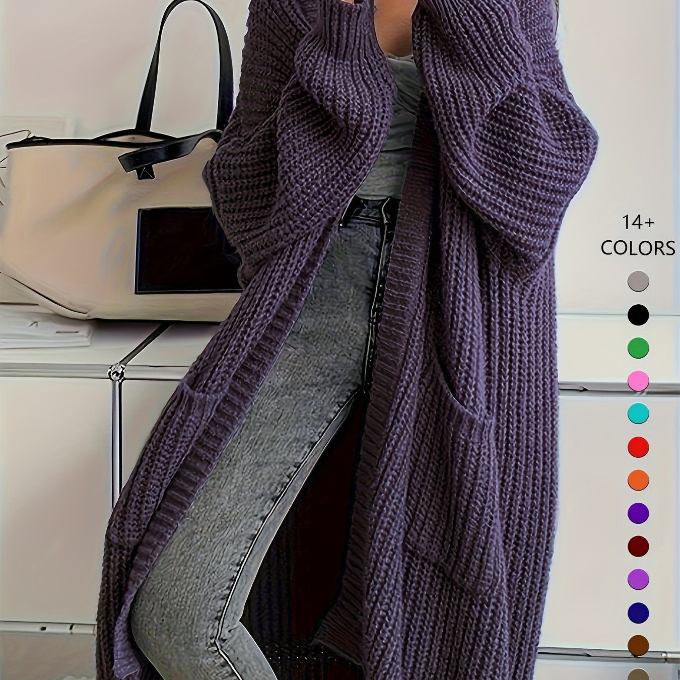 Women'S Chic Knee-Length Cardigan Sweater - Soft Open Front Sweater Coat, All-Season Layering Piece for Everyday & Formal Outfits - Available in Beige, Brown, Black, Blue, Green, Purple, Red, Orange, Pink, - Women'S Fashion O