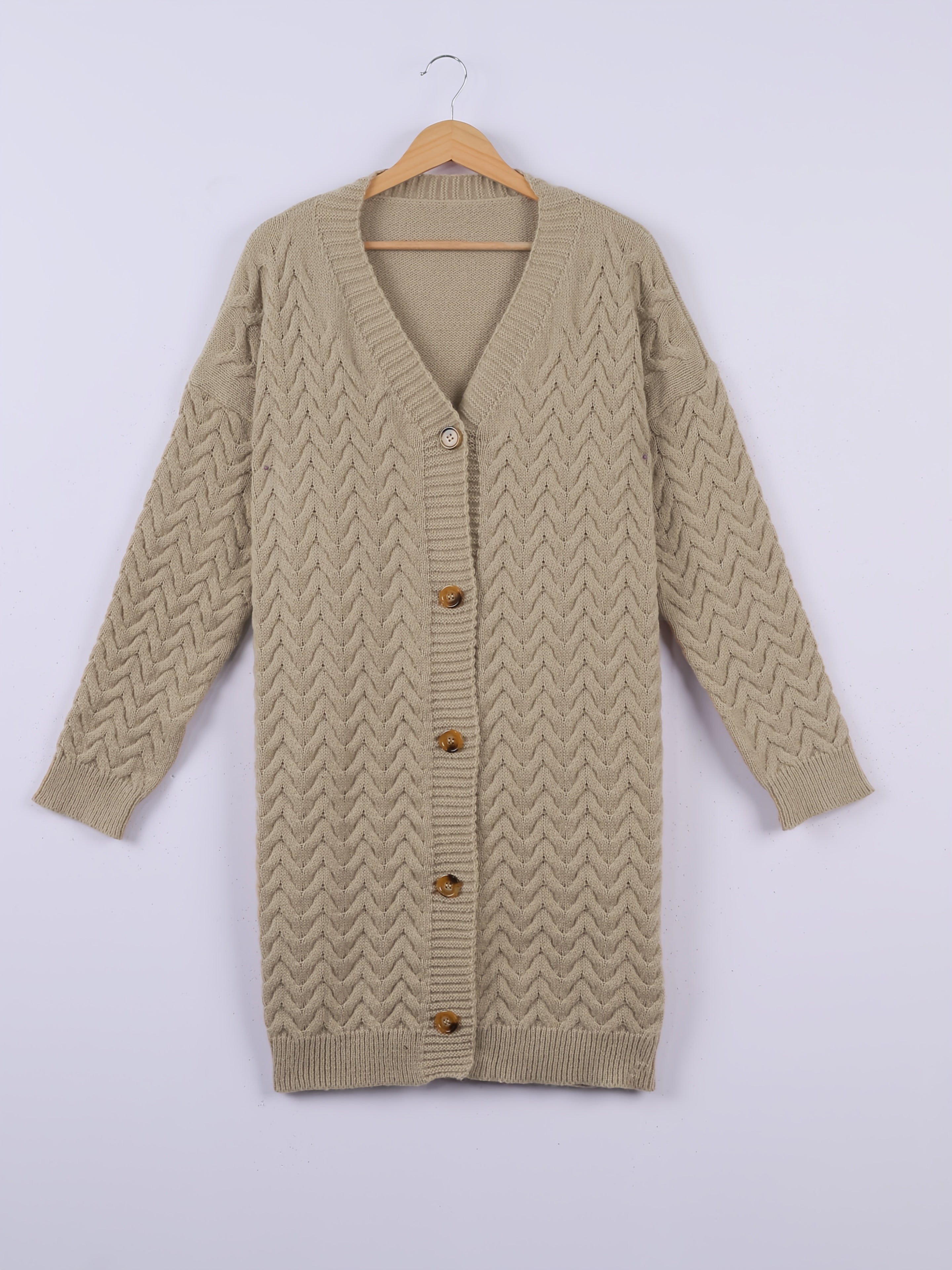 [Elegant Cardigan] Cozy Chic Women's Elegant Winter Longline Cardigan | Open Front Button Closure, Machine Washable Beige Sweater for Fall & Winter, Cute Sweater, Winter Apparel, Sophisticated Knitwear, Textured Pattern