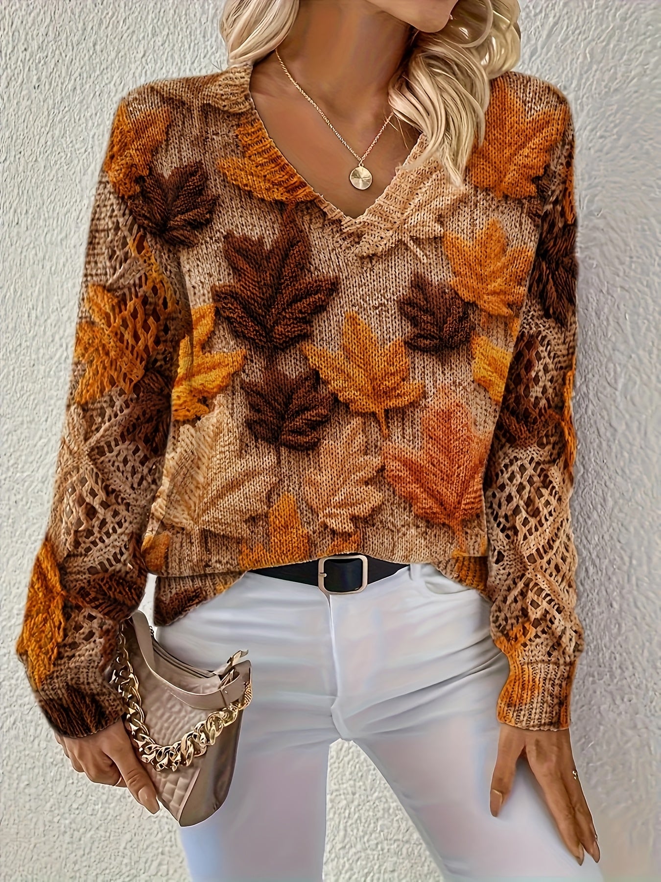 Plus Size - Plus Size, Elegant Bohemian V-Neck Long Sleeve Sweater for Women - All-Season Versatile Top with Autumn Floral Print, Soft Pullover for Office, Streetwear & Home, Machine Washable, Cute Sweater, Casual Wear, Trend