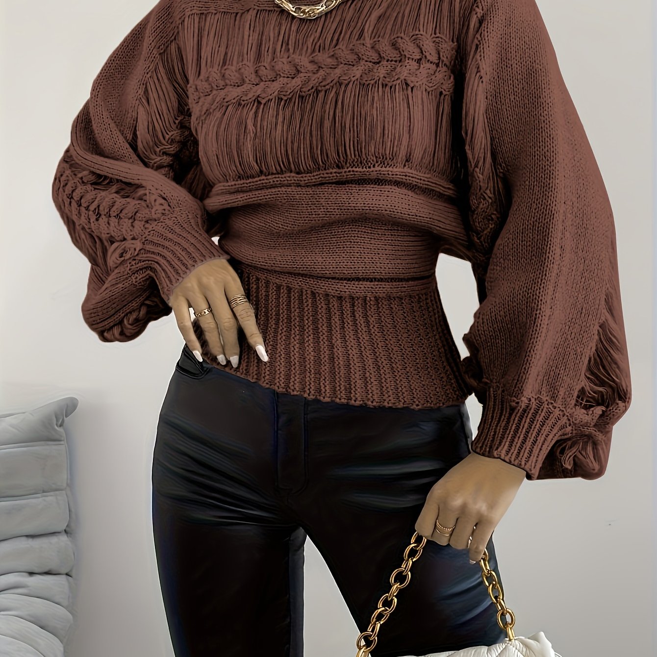 Women's Autumn Winter Round Neck Sweater - Soft Solid Color Casual Pullover, Elegant Middle Eastern-Inspired Design, Hand Wash/Dry Clean, Cozy Fall & Winter Wardrobe Essential, Cute Sweater, Textured Knitwear