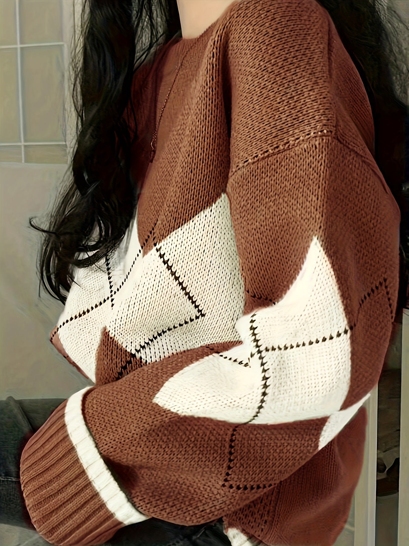 Women's Retro Geometric Rhombus Sweater - Brown & White Long Sleeve Pullover with Ribbed Cuffs, Cozy Winter Casual Top, Cute Sweater, Durable Knitwear