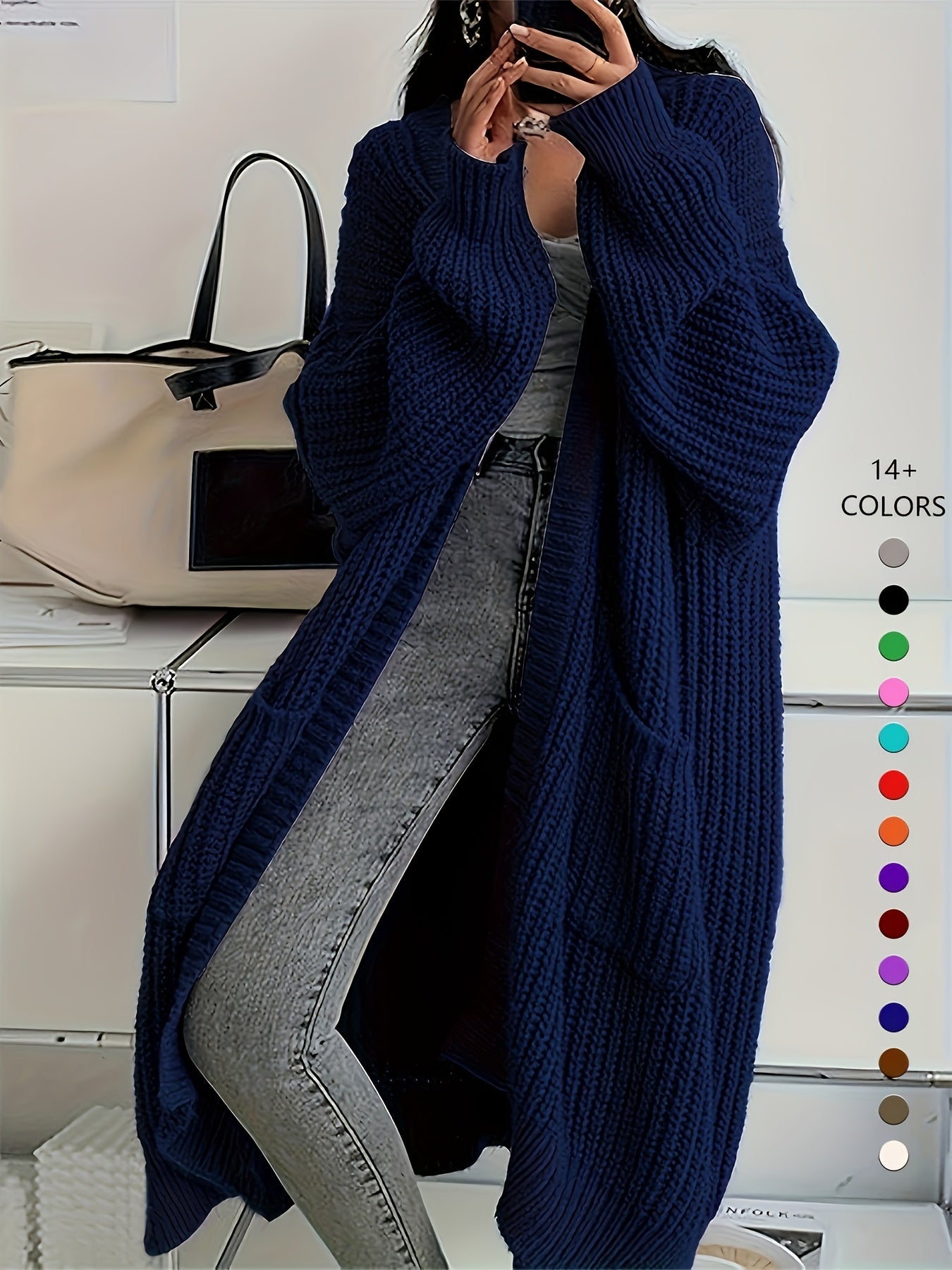 Women'S Chic Knee-Length Cardigan Sweater - Soft Open Front Sweater Coat, All-Season Layering Piece for Everyday & Formal Outfits - Available in Beige, Brown, Black, Blue, Green, Purple, Red, Orange, Pink, - Women'S Fashion O