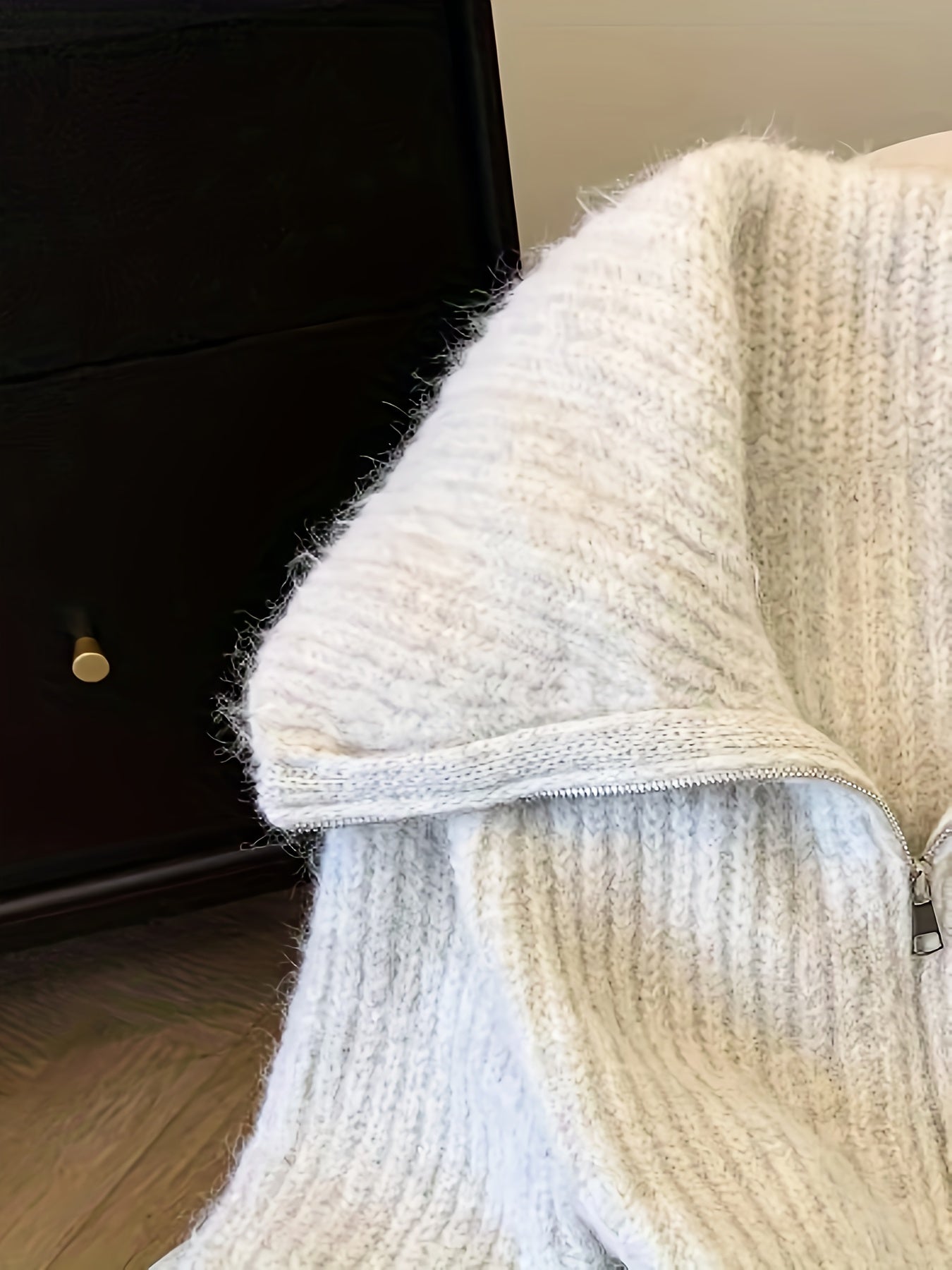 Creamy Lazy Style Double Zipper Doll Collar Sweater Coat for Women, Autumn Winter Soft Fuzzy Fleece Cardigan Top, Sweater Jacket, Cropped Sweater, Oversized Sweater, Cute Sweater