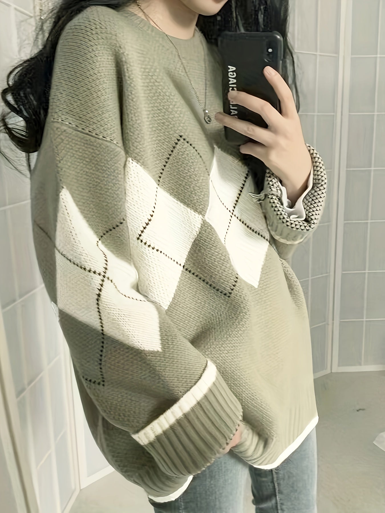 Women's Retro Geometric Rhombus Sweater - Brown & White Long Sleeve Pullover with Ribbed Cuffs, Cozy Winter Casual Top, Cute Sweater, Durable Knitwear