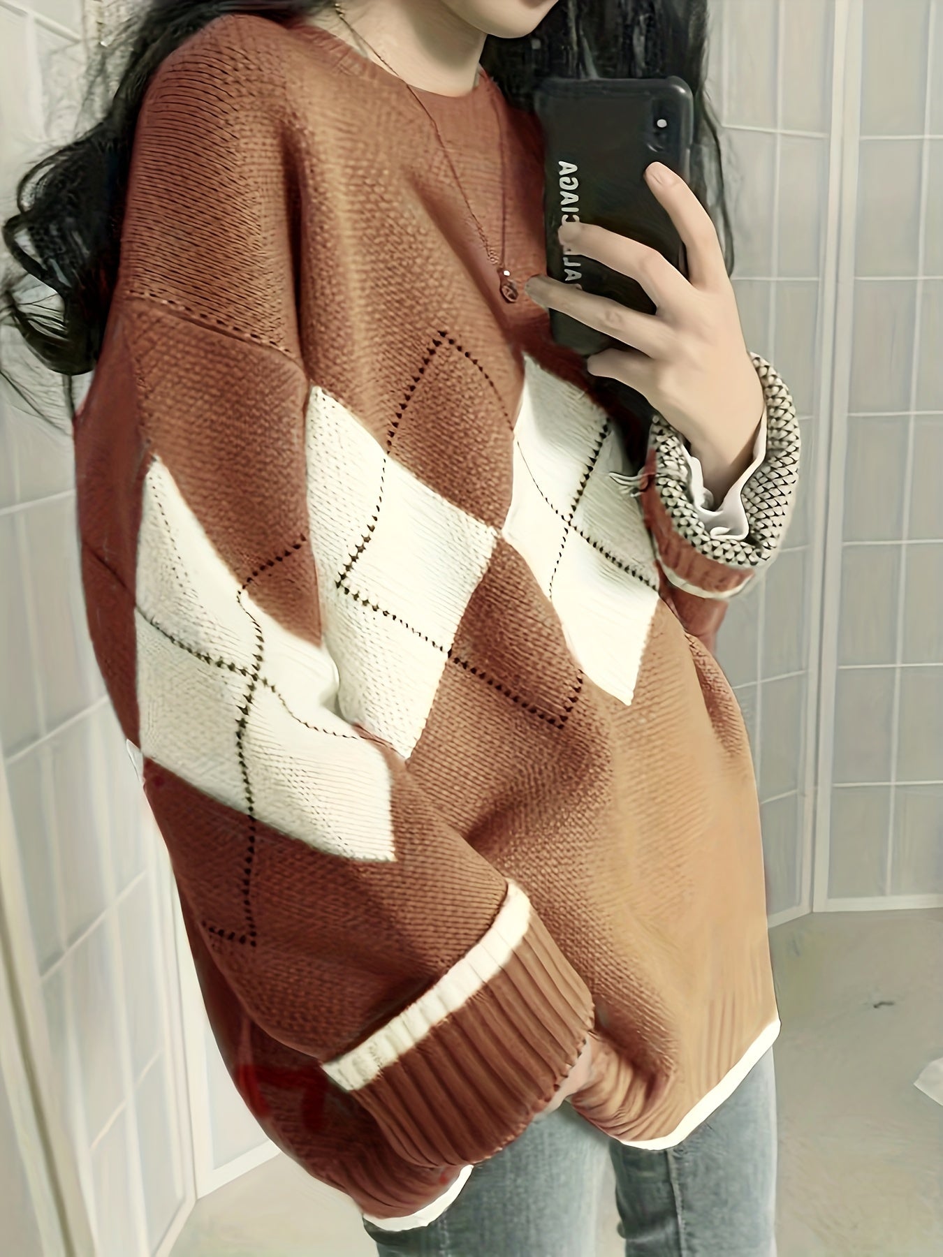Women's Retro Geometric Rhombus Sweater - Brown & White Long Sleeve Pullover with Ribbed Cuffs, Cozy Winter Casual Top, Cute Sweater, Durable Knitwear