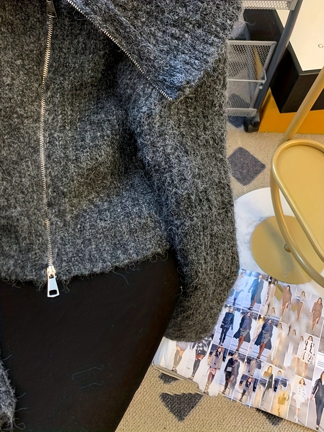 Creamy Lazy Style Double Zipper Doll Collar Sweater Coat for Women, Autumn Winter Soft Fuzzy Fleece Cardigan Top, Sweater Jacket, Cropped Sweater, Oversized Sweater, Cute Sweater