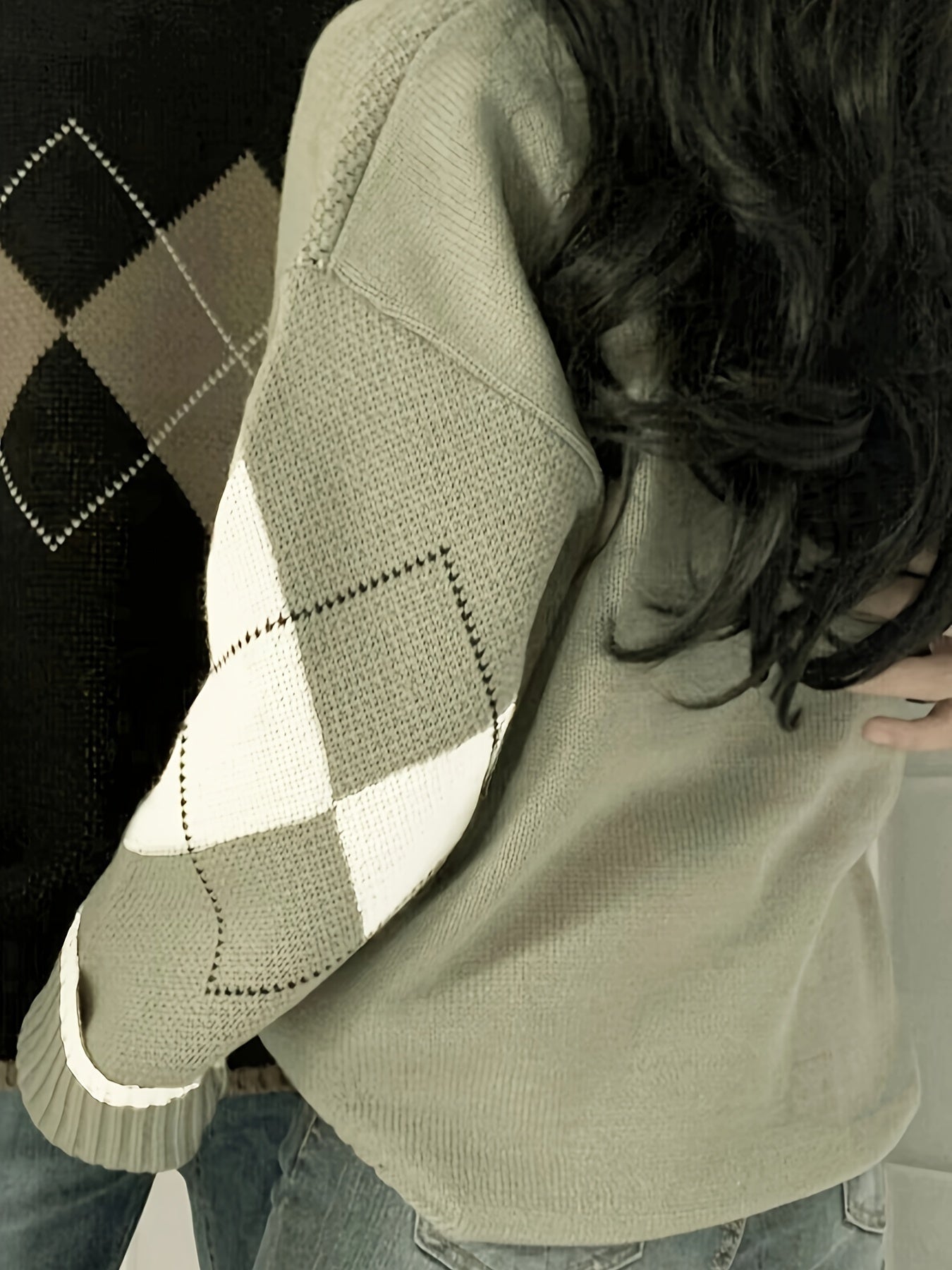 Women's Retro Geometric Rhombus Sweater - Brown & White Long Sleeve Pullover with Ribbed Cuffs, Cozy Winter Casual Top, Cute Sweater, Durable Knitwear