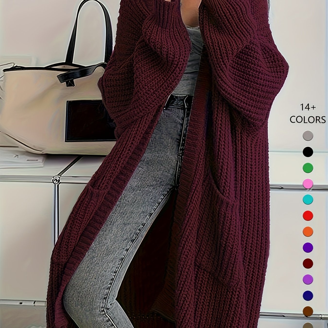 Women'S Chic Knee-Length Cardigan Sweater - Soft Open Front Sweater Coat, All-Season Layering Piece for Everyday & Formal Outfits - Available in Beige, Brown, Black, Blue, Green, Purple, Red, Orange, Pink, - Women'S Fashion O