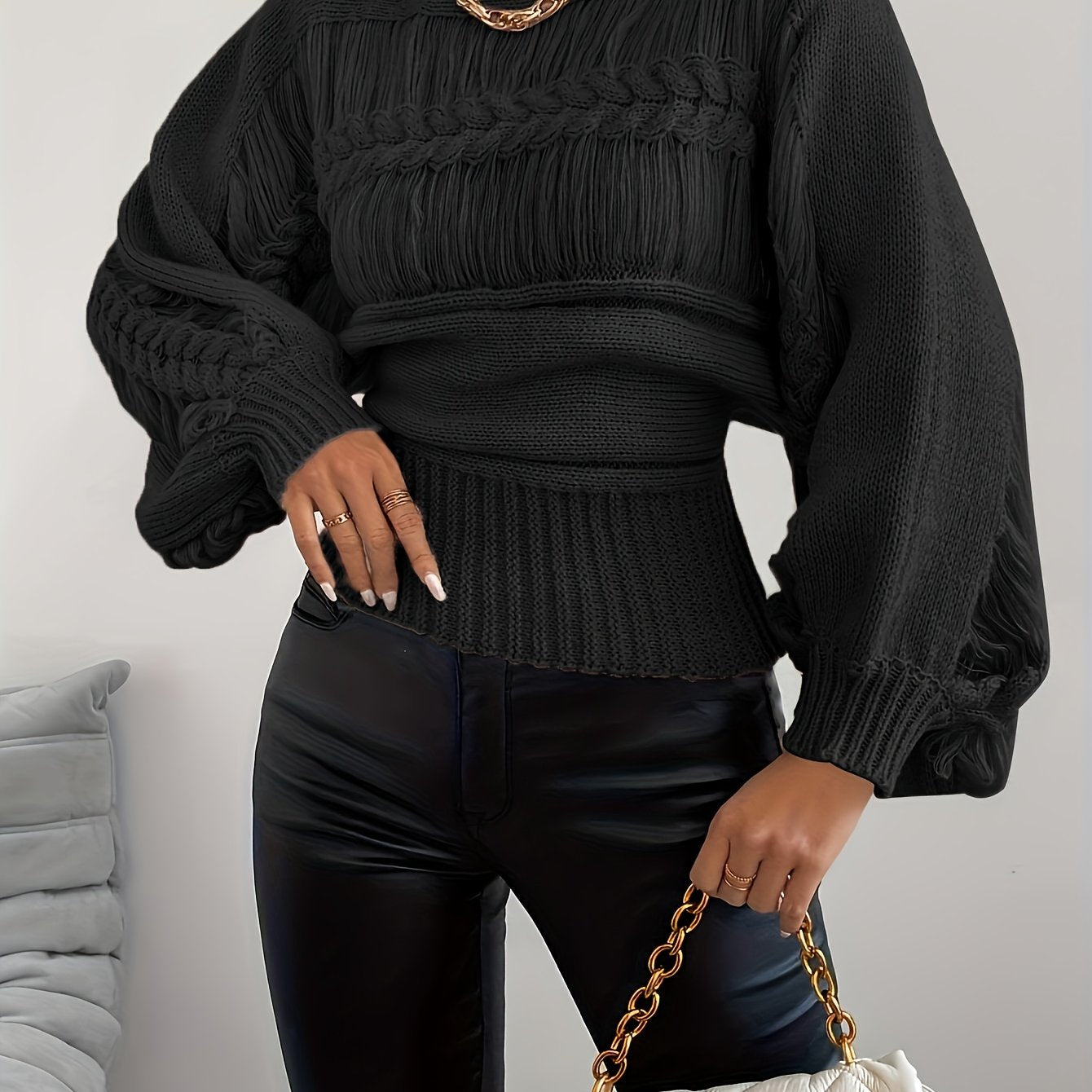 Women's Autumn Winter Round Neck Sweater - Soft Solid Color Casual Pullover, Elegant Middle Eastern-Inspired Design, Hand Wash/Dry Clean, Cozy Fall & Winter Wardrobe Essential, Cute Sweater, Textured Knitwear