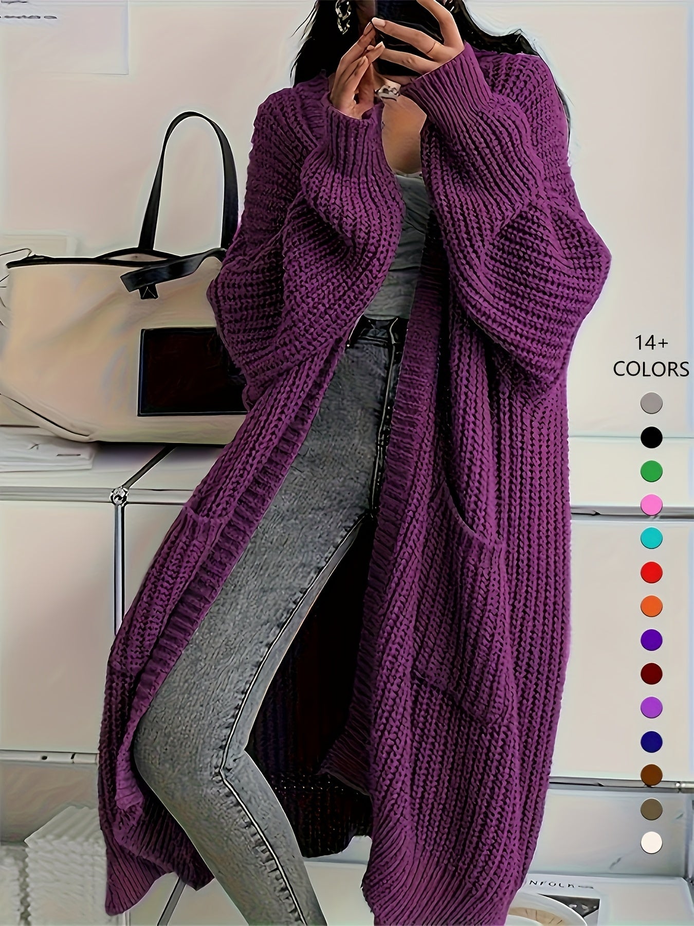 Women'S Chic Knee-Length Cardigan Sweater - Soft Open Front Sweater Coat, All-Season Layering Piece for Everyday & Formal Outfits - Available in Beige, Brown, Black, Blue, Green, Purple, Red, Orange, Pink, - Women'S Fashion O