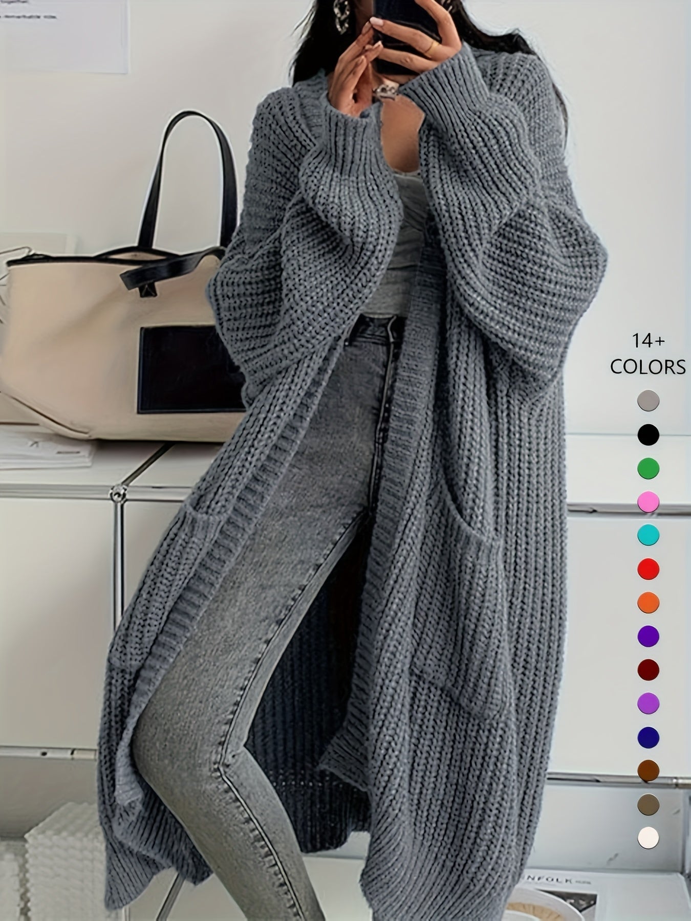 Women'S Chic Knee-Length Cardigan Sweater - Soft Open Front Sweater Coat, All-Season Layering Piece for Everyday & Formal Outfits - Available in Beige, Brown, Black, Blue, Green, Purple, Red, Orange, Pink, - Women'S Fashion O