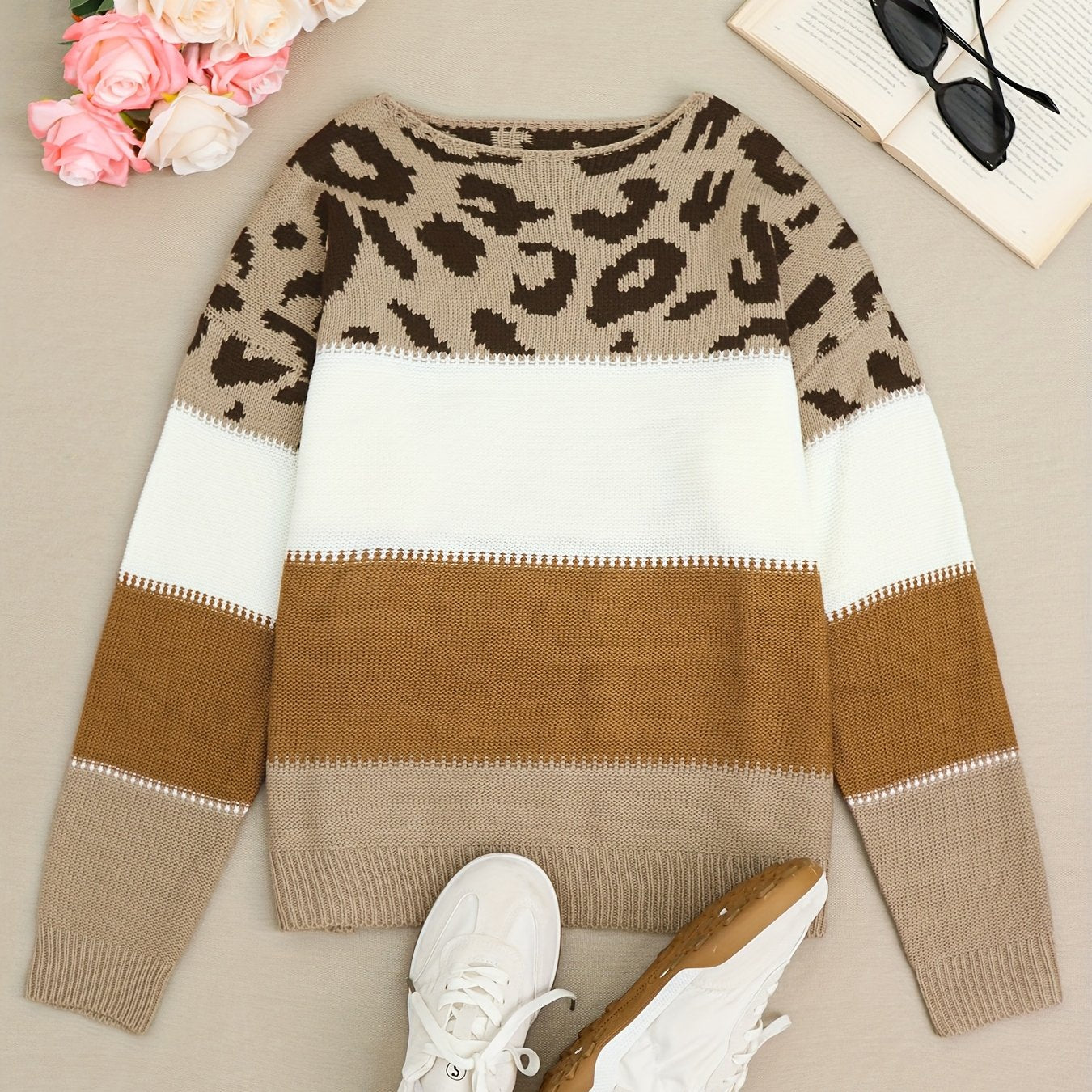 Women's Casual Leopard Print Color-Block Sweater - & Brown Round Neck Long Sleeve Pullover for Fall Winter, Soft Everyday Chic Wardrobe Essential, Cute Sweater