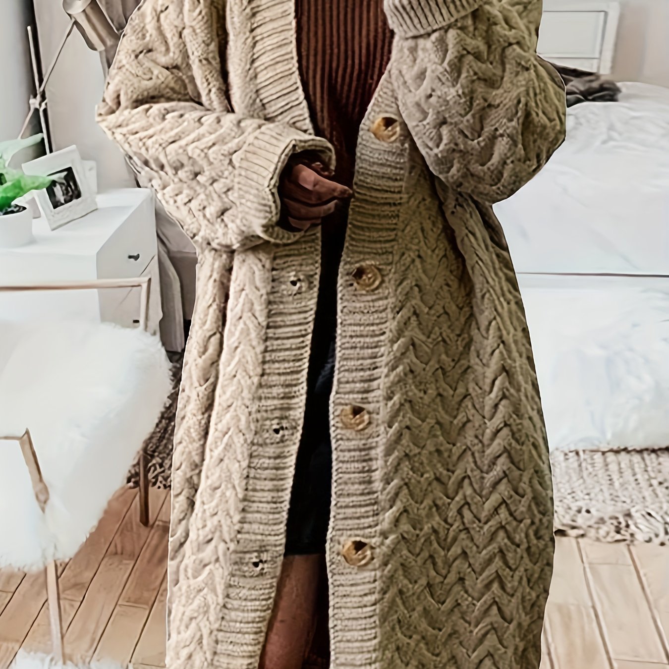[Elegant Cardigan] Cozy Chic Women's Elegant Winter Longline Cardigan | Open Front Button Closure, Machine Washable Beige Sweater for Fall & Winter, Cute Sweater, Winter Apparel, Sophisticated Knitwear, Textured Pattern