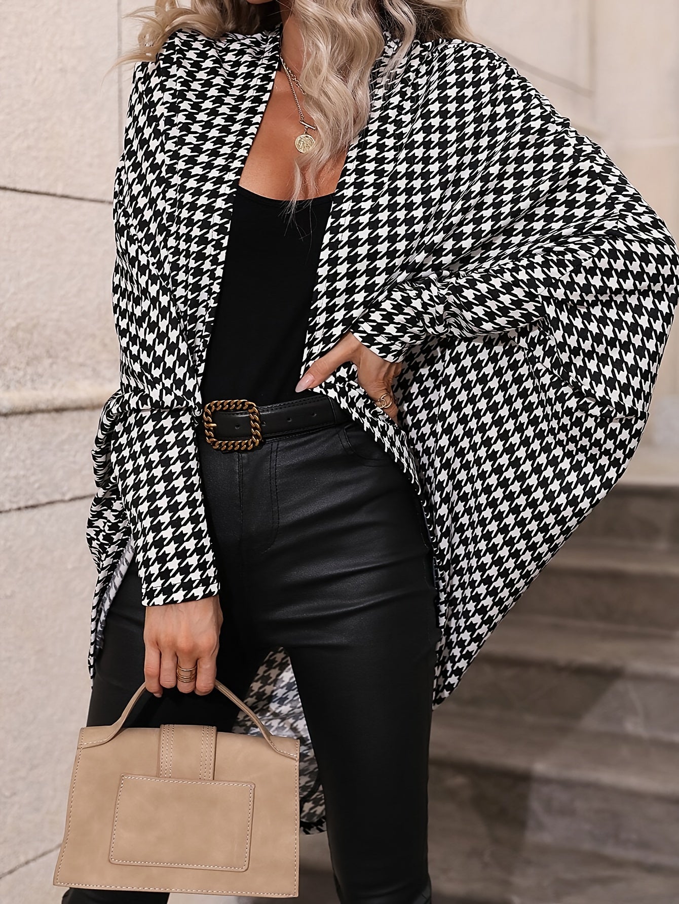 [Elegant Houndstooth Cardigan] Lightweight Elegant Women's Houndstooth Batwing Sleeve Cardigan | Open Front Sweater with Black & White Pattern, Medium Stretch, Machine Washable for Spring Summer Fall Layering, Cute Sweater, C