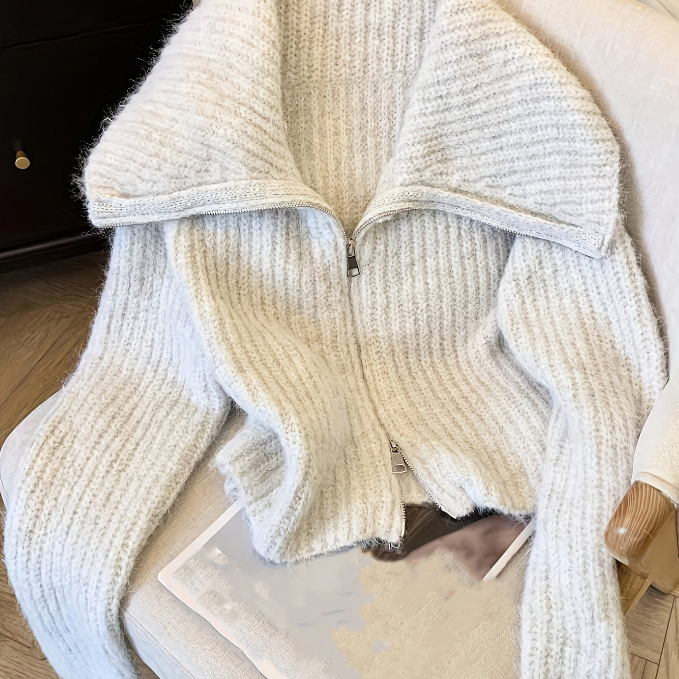 Creamy Lazy Style Double Zipper Doll Collar Sweater Coat for Women, Autumn Winter Soft Fuzzy Fleece Cardigan Top, Sweater Jacket, Cropped Sweater, Oversized Sweater, Cute Sweater