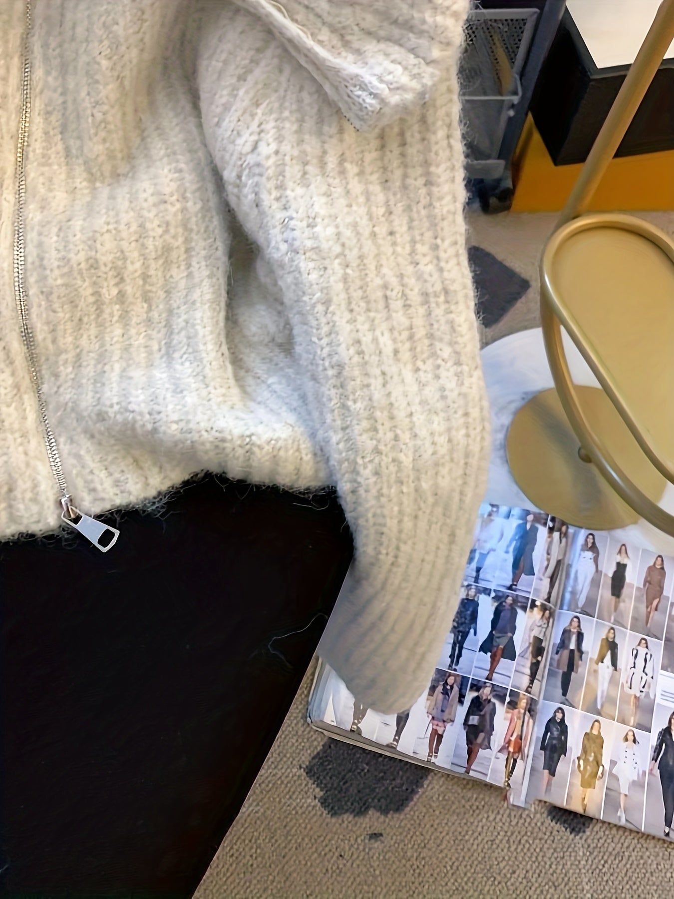 Creamy Lazy Style Double Zipper Doll Collar Sweater Coat for Women, Autumn Winter Soft Fuzzy Fleece Cardigan Top, Sweater Jacket, Cropped Sweater, Oversized Sweater, Cute Sweater