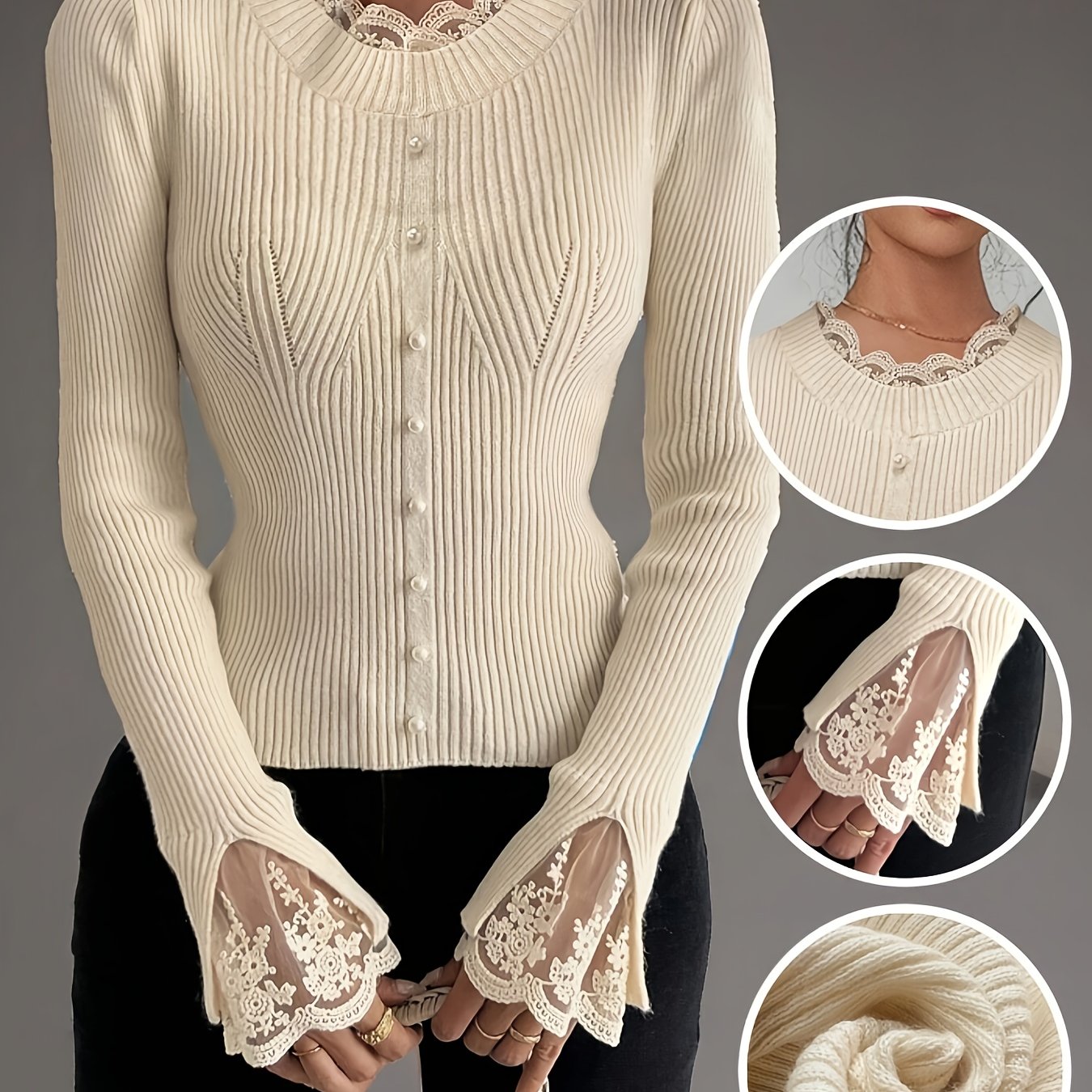 Women's Elegant Pearl-Embellished Slim Fit Sweater - Round Neck Long Sleeve Pullover, Machine Washable Winter Top for Fall & Winter, Versatile Casual to Formal Wear, Cute Sweater
