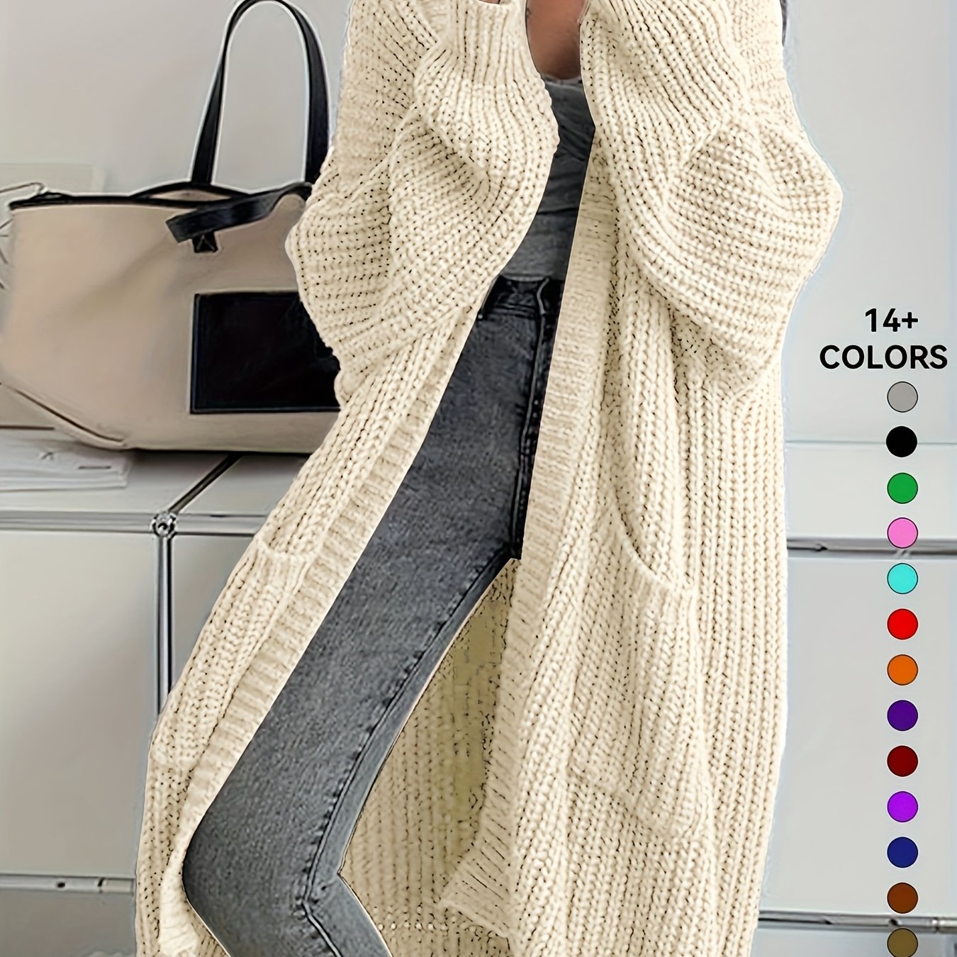 Women'S Chic Knee-Length Cardigan Sweater - Soft Open Front Sweater Coat, All-Season Layering Piece for Everyday & Formal Outfits - Available in Beige, Brown, Black, Blue, Green, Purple, Red, Orange, Pink, - Women'S Fashion O