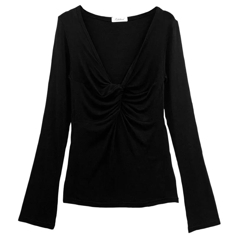 2025 Women Sexy T-shirt Long Sleeve Shirring V-neck Lady Slim Tshirt Summer Thin Solid Color Female Crop Top Tees for Woman