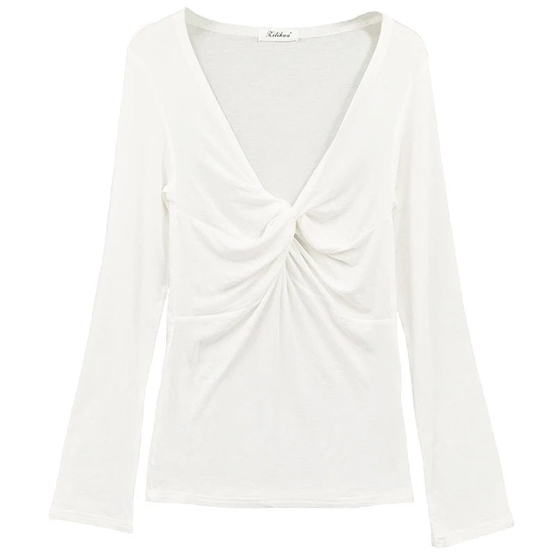 2025 Women Sexy T-shirt Long Sleeve Shirring V-neck Lady Slim Tshirt Summer Thin Solid Color Female Crop Top Tees for Woman