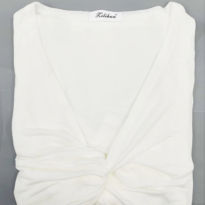 2025 Women Sexy T-shirt Long Sleeve Shirring V-neck Lady Slim Tshirt Summer Thin Solid Color Female Crop Top Tees for Woman