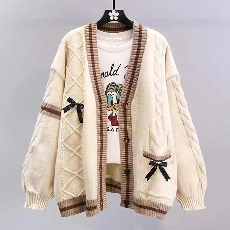 Japanese bow sweater jacket for women's autumn and winter new loose and trendy design knitted sweater