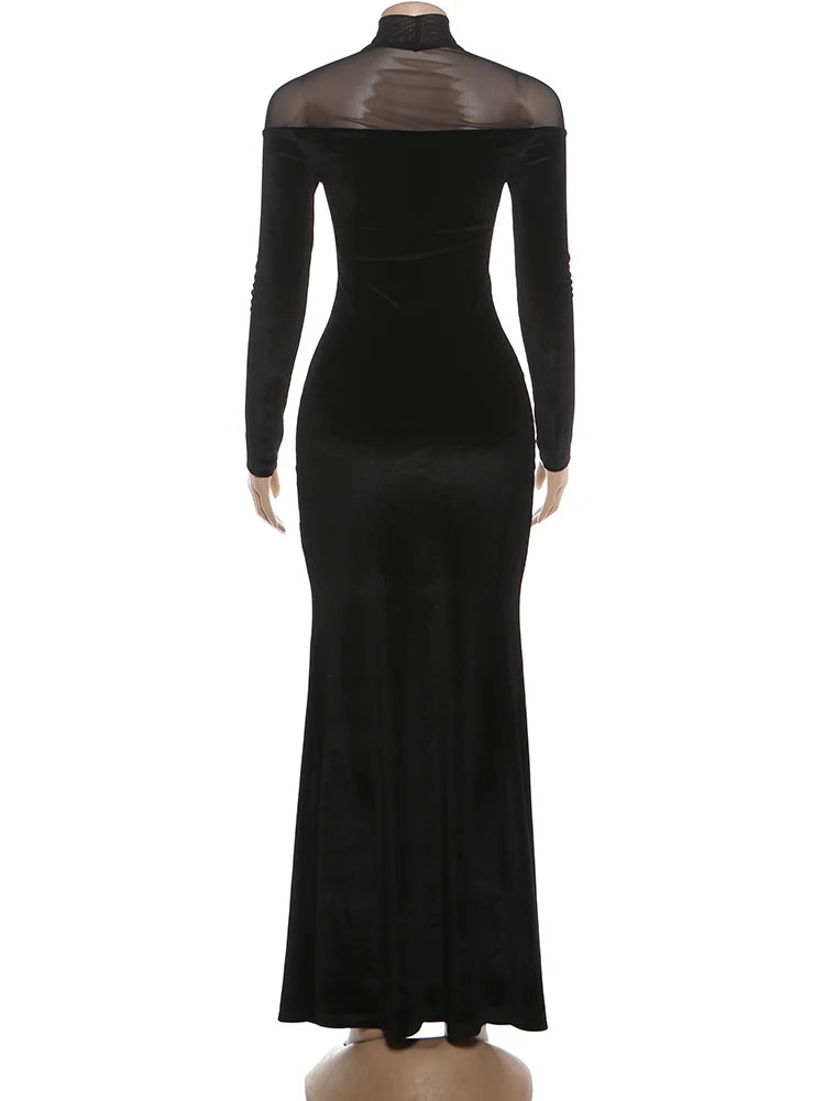 Nibber Full Sleeve Turtleneck Mesh Patchwork Long Dress Woman Elegant Velvet Slim High Waist Evening Prom Party Elegant Bodycon