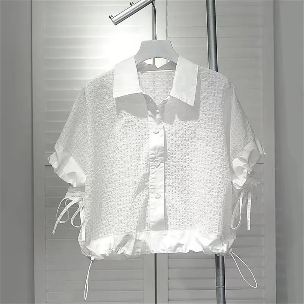 Woman Clothing T-shirts High-grade Short-sleeved Shirt Women's Summer Loose Slim Drawstring Shirt Design Sense Niche Short Top