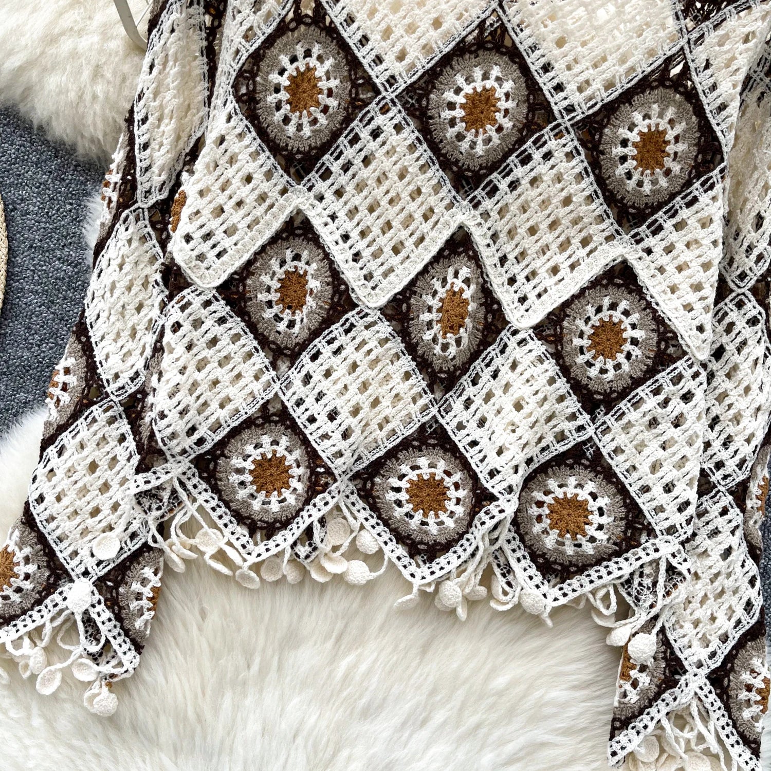 Granny Square Crochet Knit Top for Women Long Sleeve Sheer Open Knit Pullover Sweater Teen-girl Boho Beach Cover Up Outfit