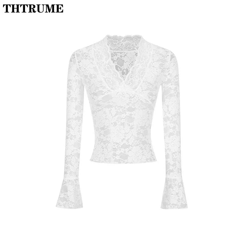 Sexy V-Neck Sheer T-Shirts Fashion Women Flare Long Sleeve Spring Lace Slim Pullovers Tops Casual Evening Party Club Chic Tees
