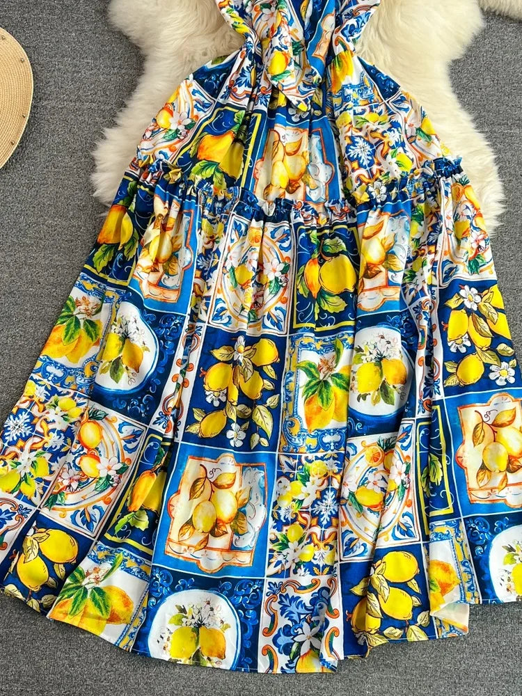 Beach Vacation Skirt with Suspended Strap Summer Gentle Wind, Waist Wrapped Sleeveless A-line Printed Dress Girl Dresses Leisure