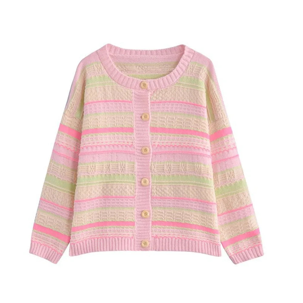 Spring Long Sleeve Stripe Crochet Sweaters Autumn Spring Korean Sweet Knitwear Ladies Top Loose Cardigans Women Y2K Streetwear