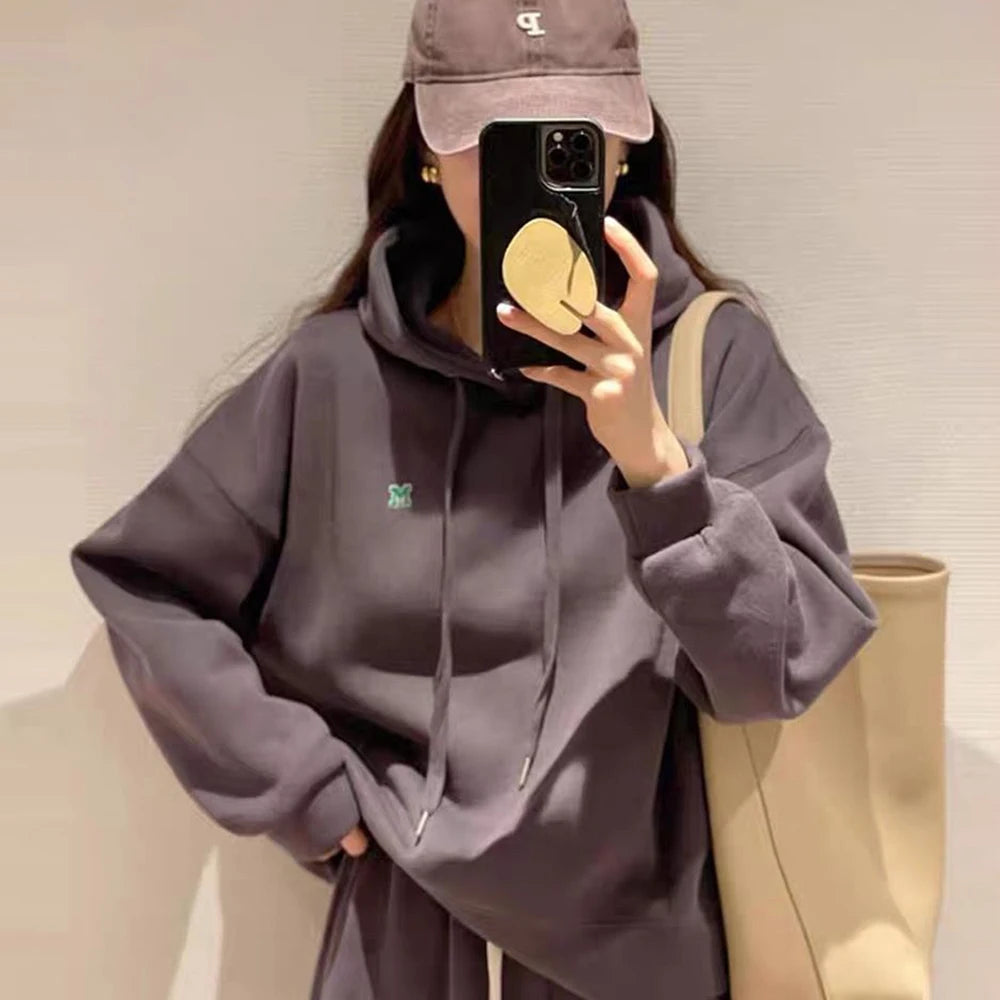 Women Solid Long Sleeve Two-Piece Set Autumn Winter Warm Sweatshirt Suit Hoodie And Pocket Pants Fashion Casual Ladies Outfits