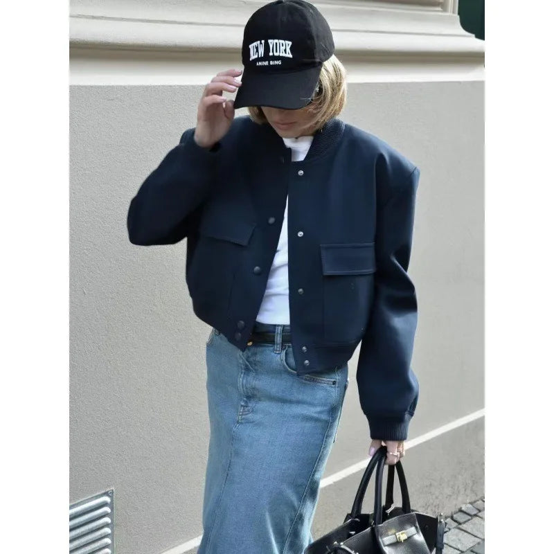 MUJER 2025 Woman Bomber Jacket White Autumn Winter Button Cropped Jackets for Women Fashion Long Sleeve Women Coats Outerwears