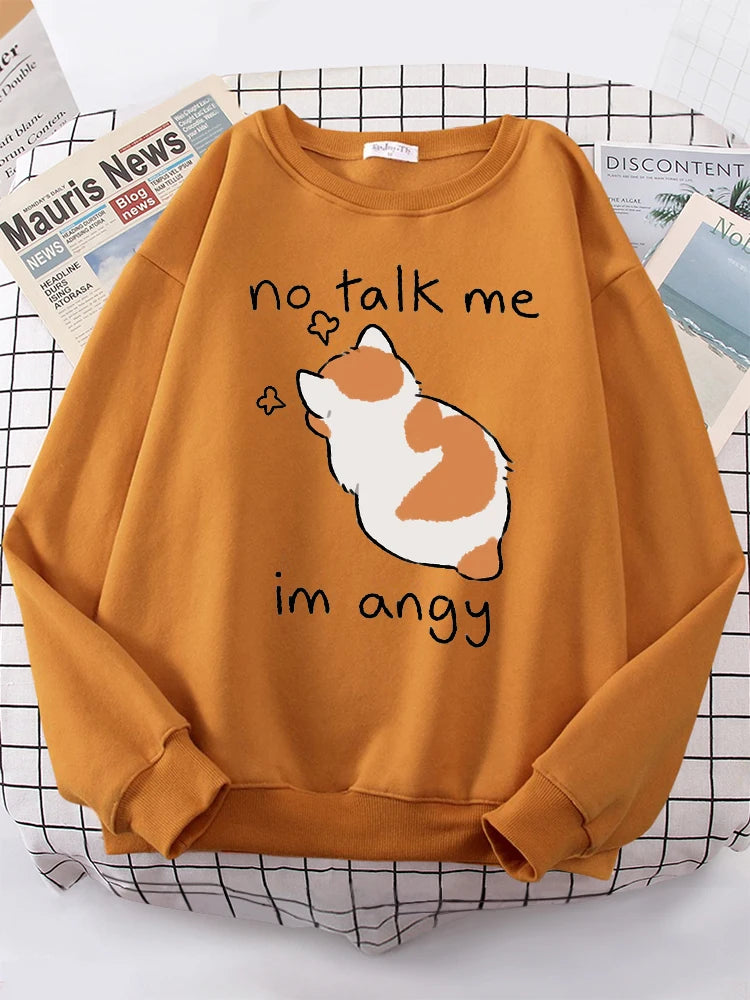 Female Sweatshirts No Talk Me Cute Angy Cat Print Top Women Harajuku Oversize Long-Sleeve Kawaii Animal 2024 New Lady Sweatshirt
