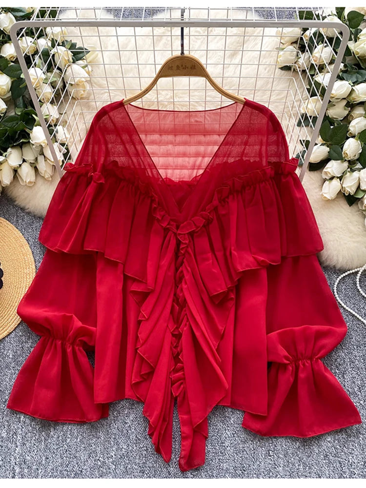 New Summer Autumn Women's Ruffle Splicing Horn Sleeve Chiffon Blouse Top Apricot Fashion Elegant Loose Blusa Feminina C313