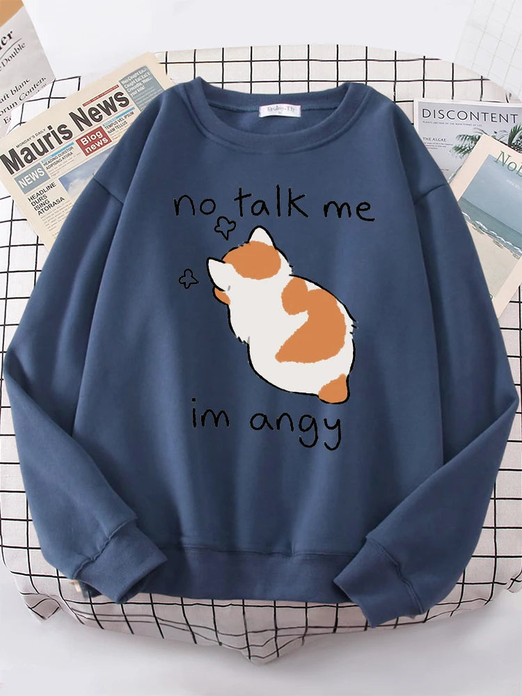 Female Sweatshirts No Talk Me Cute Angy Cat Print Top Women Harajuku Oversize Long-Sleeve Kawaii Animal 2024 New Lady Sweatshirt
