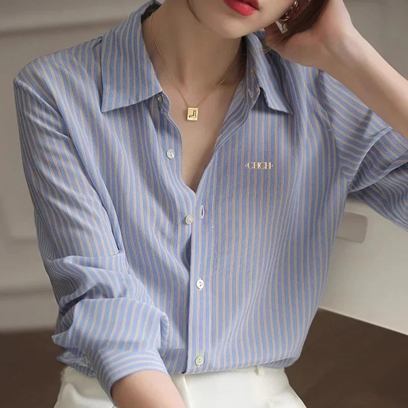 Long Sleeved Women's Shirt New Popular Classic High Grade Female Shirt Vintage Elegant Stripe Versatile Office Lady Fashion Tops