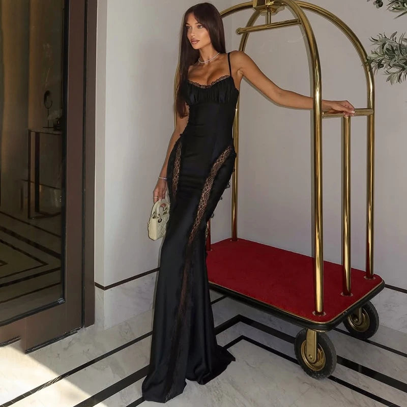 Tornova Black Elegant Lace Spaghetti Strap Dress Female Hollow Sexy Plunge Banquet Maxi Dress Women's Slim Fashion 2025 New