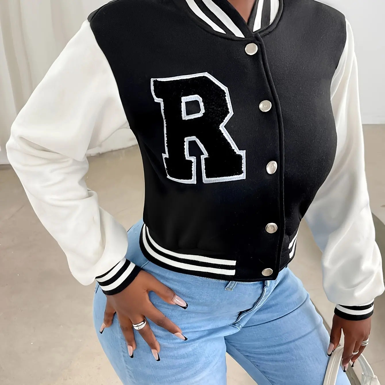 Elegant Women_s Casual Jacket  White Autumn Winter Button Baseball Aviator Cropped Jackets For Women Long Sleeve Crop Outerwear