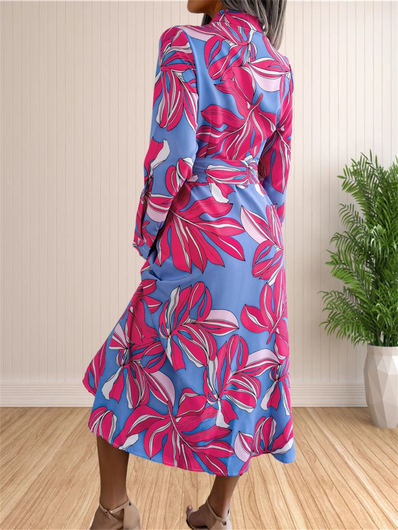 Women's Floral Dresses Casual Print Long Sleeve Maxi Shirt Sundress Bohemian Pleated Slit Beach Bodycon