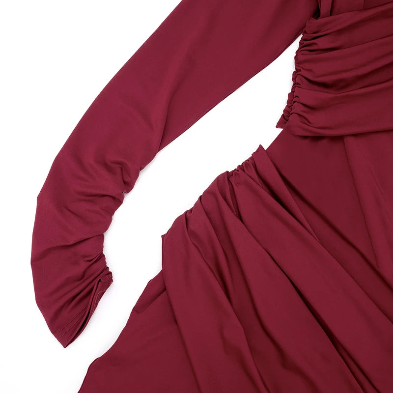 CUTENOVA Women'S Fall/Winter New Arrival Solid Color Elegant Fitted Asymmetrical Neckline Pleated Long Dress Chic Party Dress