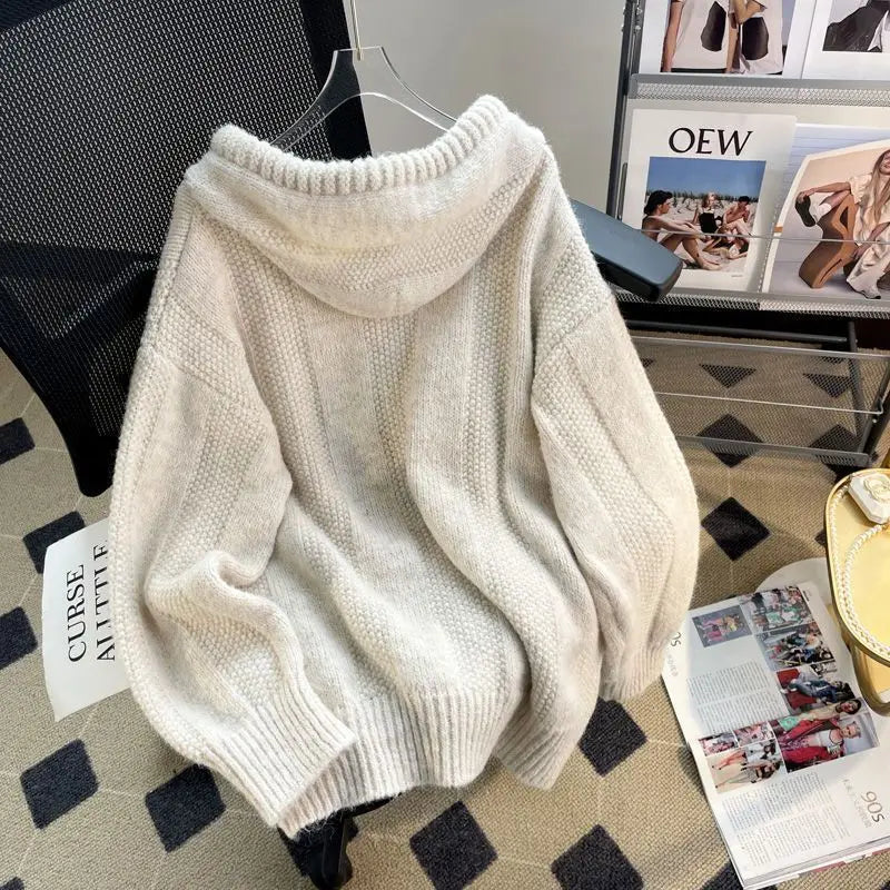 Korean Loose and Lazy Style Hooded Sweater for Women's Autumn and Winter 2024 New Soft and Thick Drawstring Knitted Sweatshirt T