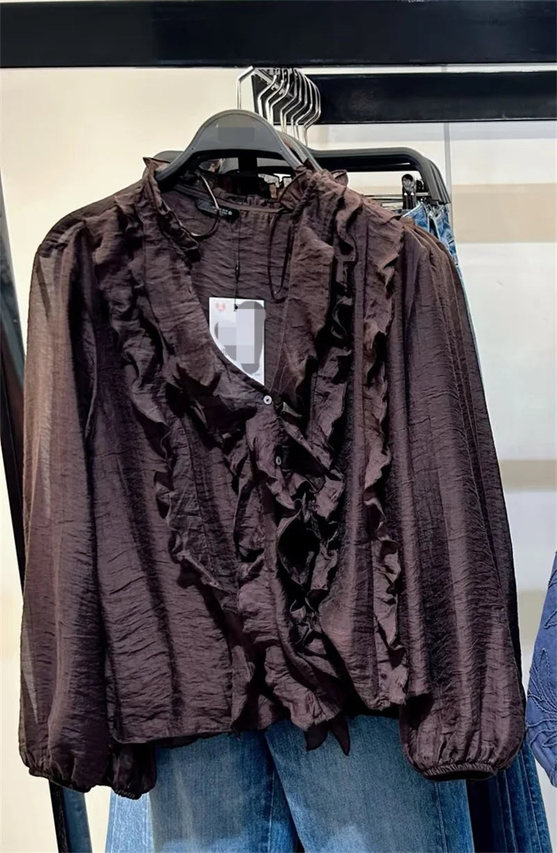 Women's Shirt 2025 Autumn New Style Deep Brown Long Sleeve Layered V-Neck Sexy Shirt Casual Fashion Versatile and Stylish