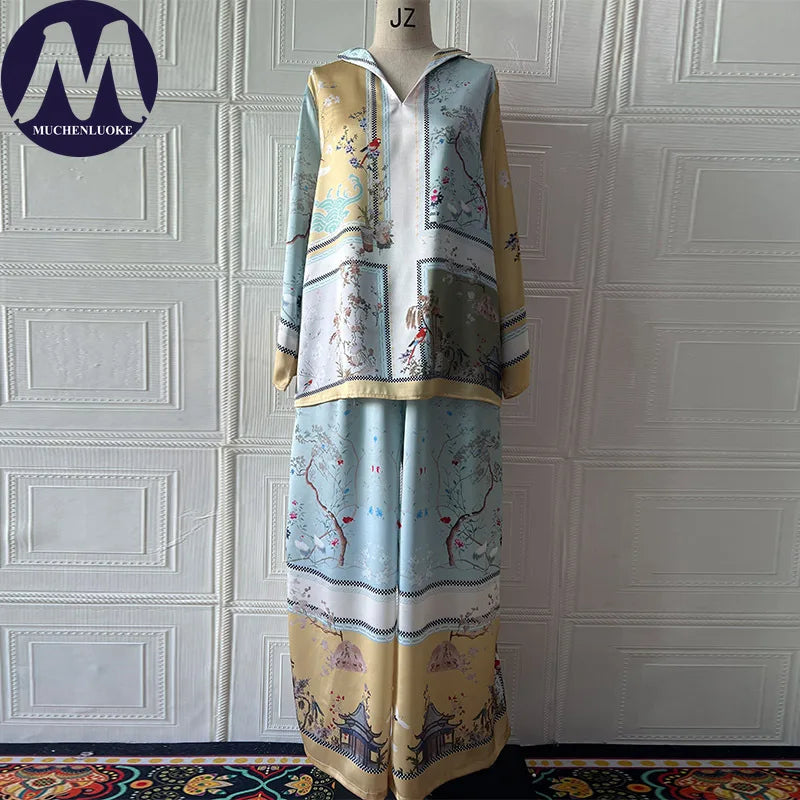 Women's Two Pieces Set Summer New Elegant Printed Long Sleeves V Neck Top Suits Fashionable Casual Loose Wide Leg Pants Sets