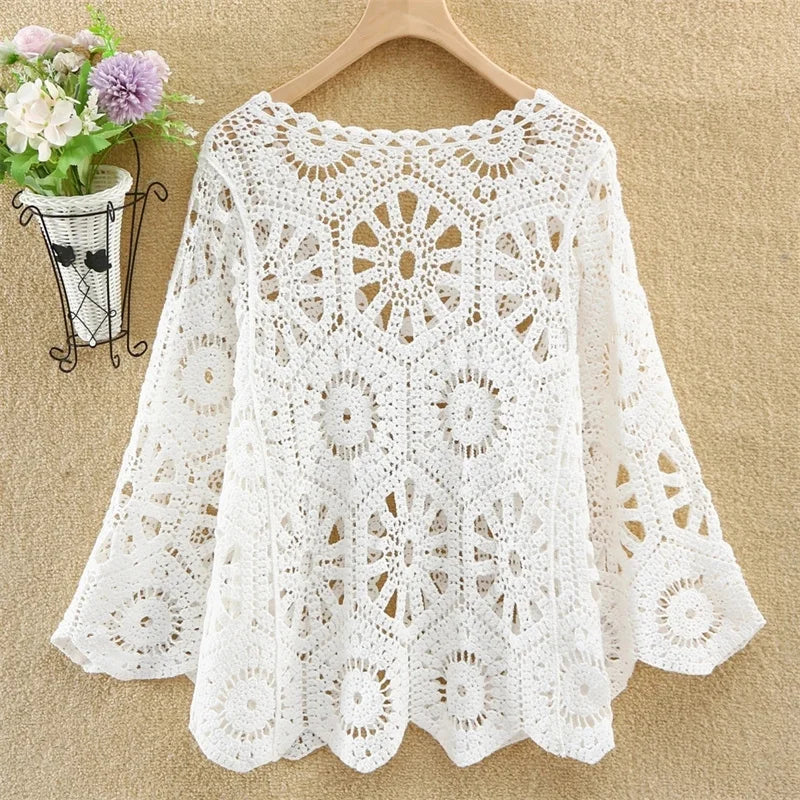Women's Shirt 2025 Hollow out New Female Coat Knitted Shirt Lace Thin Hook Flower Loose Solid Color Fashion Top Hoodie Versatile